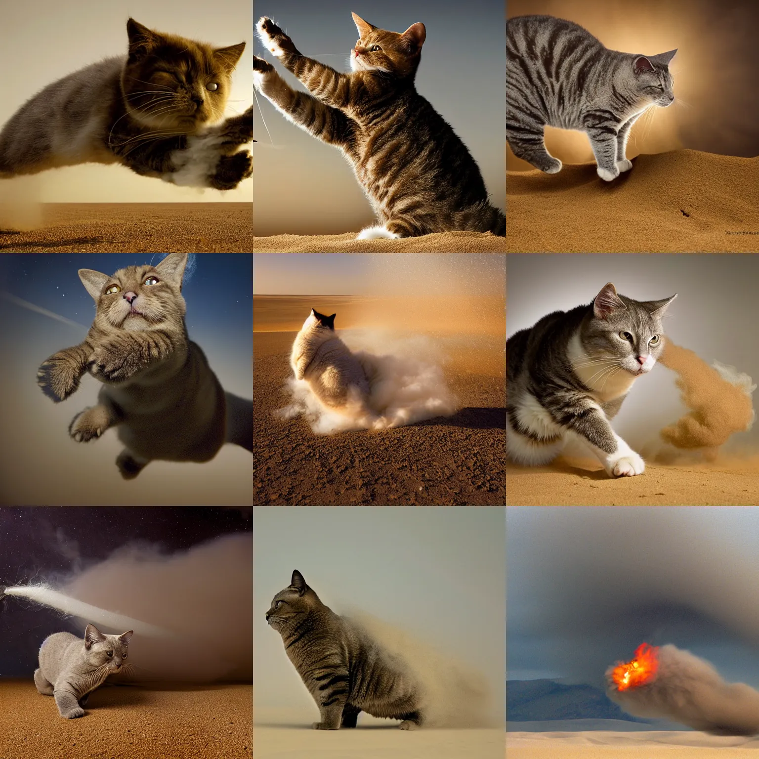 Prompt: award winning wildlife photography, a fat house cat, midair, launching towards the camera at high speeds breaking the sound barrier, spaceship propulsion, huge flame exhaust behind cat, surrounded by rocket launch smoke, space rocket smoke, high shutter speed, dust and sand in the air, wildlife photography by Paul Nicklen, shot by Joel Sartore, Skye Meaker, national geographic, perfect lighting, blurry background, bokeh