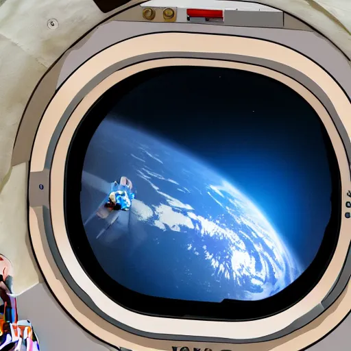 Prompt: astronaut looking out the window of a cozy space habitat on Mars