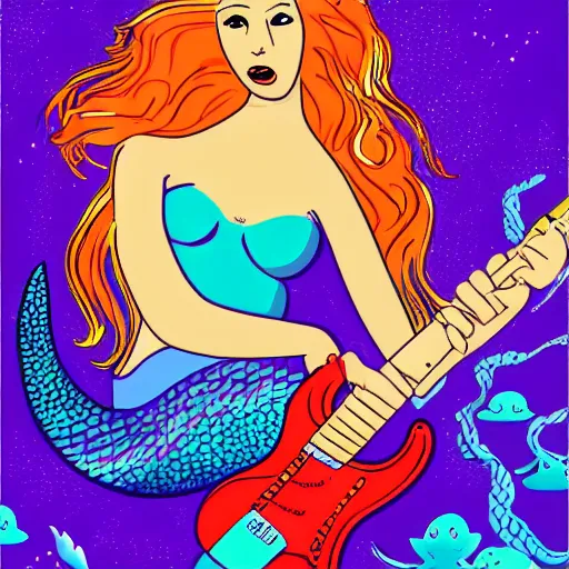 Image similar to illustration of a mermaid playing an stratocaster electric guitar, under the sea, limited colours, poster