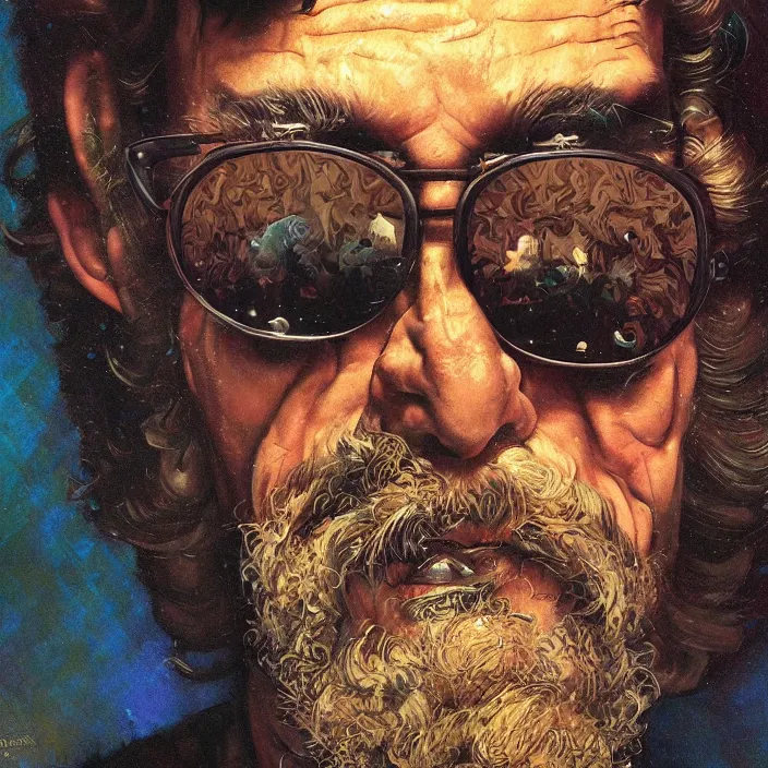 Image similar to a dark close - up retrofuturistic portrait of terence mckenna. reflective detailed textures. soft gloomy dark background. highly detailed fantasy science fiction painting by moebius, norman rockwell, frank frazetta, and syd mead. rich colors, high contrast. artstation