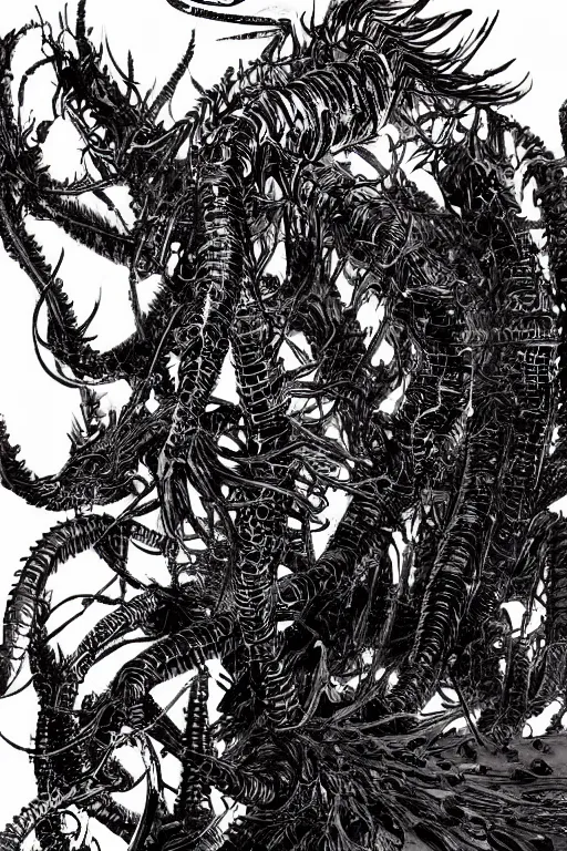 Image similar to a flaming centipede by yoji shinkawa and tsutomu nihei, detailed art, highly detailed