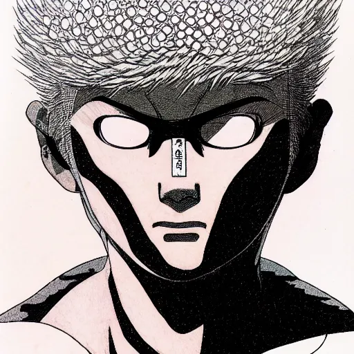 Image similar to prompt: Akira portrait face drawn by Katsuhiro Otomo, inspired by smithe one, magical and alchemical objects on the side, soft light, white background, intricate detail, intricate ink painting detail, sharp high detail, manga and anime 2000