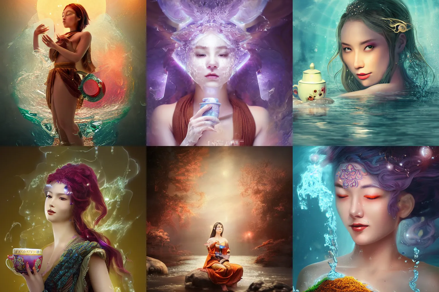 Prompt: a beautiful female human god of tea character, character is in all its glory, character is centered on the image, character is drowning in the water, rim lights, highly detailed professional photo, dynamic lights, particles and crystals are flying, very deep depth of field, trending on artstation, illustration, hyper realistic, vray caustics, super detailed, colorful accents, cinematic shot