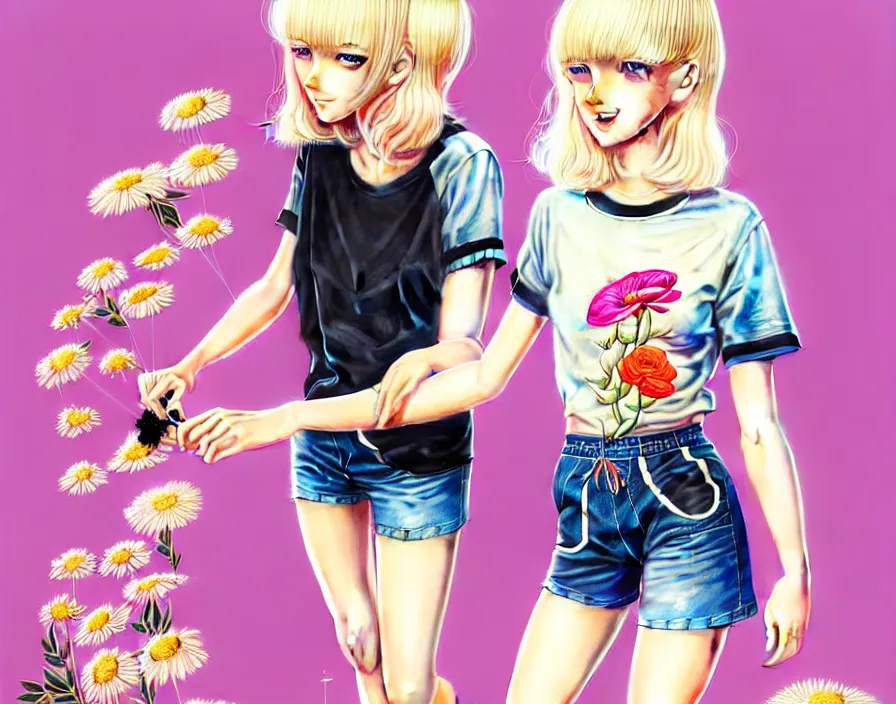 Image similar to richly detailed colored pencil 3D illustration of a beautiful French woman with short bleached blonde hair wearing a long Tshirt and black shorts that is sewing thread drawings of flowers into her thigh. mirrored background with completely rendered reflections, art by Range Murata and Artgerm.