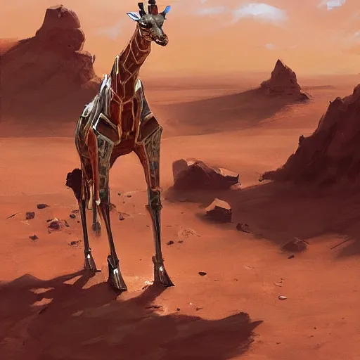 Image similar to a half robot giraffe walking on mars, trending on artstation, art by greg manchess, guangjian, detailed digital art, artstation hd