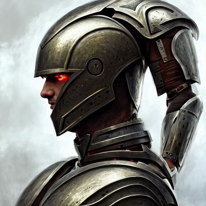 Prompt: portrait of a man wearing cyborg armor, Spartan hoplite design, subject in the center of the frame, wide angle shot, diffuse lighting, fantasy, intricate, elegant, highly detailed, lifelike, photorealistic, digital painting, artstation, illustration, concept art, smooth, sharp focus, art by John Collier and Albert Aublet and Krenz Cushart and Artem Demura and Alphonse Mucha