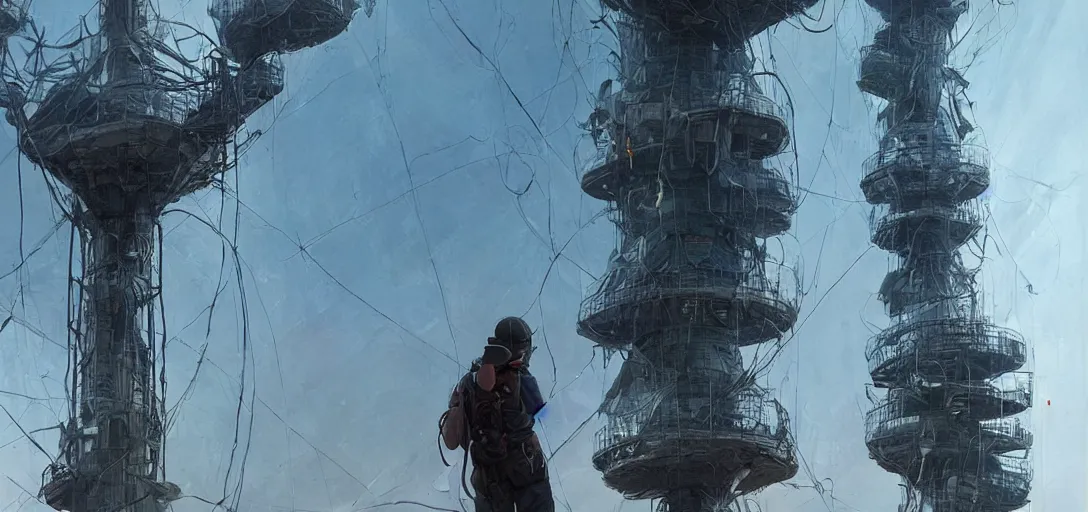 Prompt: Wireless Internet technician looking up from the base of a giant telecommunications tower, getting ready to climb and replace radio. Post apocalypitic landscape, dystopia. james gurney, james jean, greg rutkowski, anato finnstark. hyper detailed, 35mm, hazy atmospheric lighting volumetric