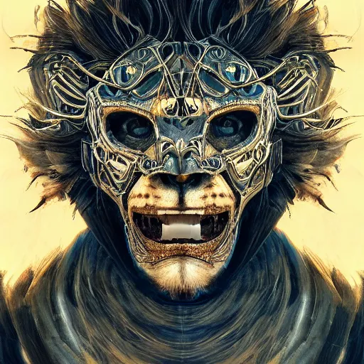 Image similar to Very very very very highly detailed epic photo of face with scary lion venetian mask, intricate, dystopian, sci-fi, extremely detailed, digital painting, artstation, concept art, smooth, sharp focus, illustration, intimidating lighting, incredible art by Artgerm and Vincent di Fate