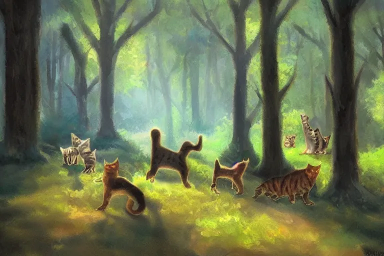 Image similar to a forest with a group of cats travelling, trending on artstation, by wayne mcloughlin, backlighting