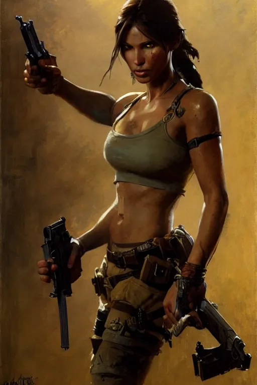 Prompt: lara croft with pistols, portrait dnd, painting by gaston bussiere, craig mullins, greg rutkowski, yoji shinkawa