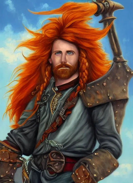 Image similar to epic fantasy portrait painting of a long haired, red headed male sky - pirate in front of an airship in the style of the simpsons