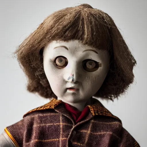 Image similar to Harry potter as an old Old worn antique doll on, white background, (EOS 5DS R, ISO100, f/8, 1/125, 84mm, postprocessed)