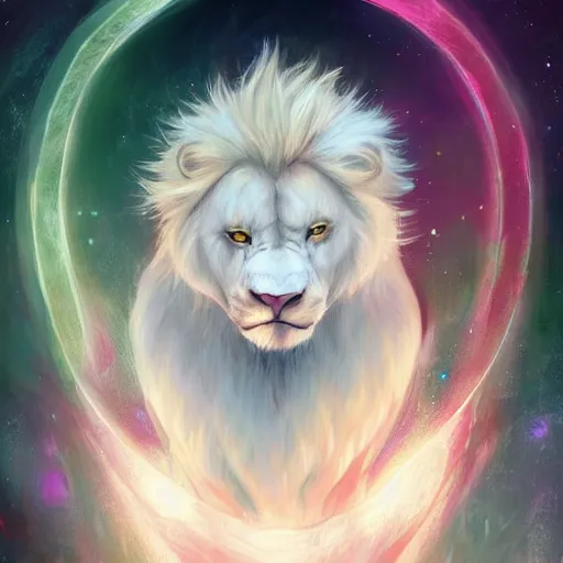 Image similar to aesthetic portrait commission of a albino male furry anthro lion surrounded by small glowing sparkles and wearing white glowing cloak in an empty pitch black room illuminated by the glowing cloak, Character design by charlie bowater, ross tran, artgerm, and makoto shinkai, detailed, inked, western comic book art, 2021 award winning painting