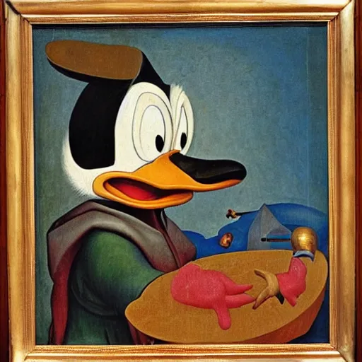 Image similar to Donald Duck, self portrait by Hieronymus Bosch, oil painting