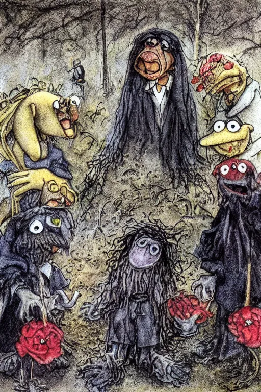 Image similar to sad muppet funeral, graveside, rain, outside, 1 9 8 0 s, creepy, scary, crying, grotty, ugly, terrified, brian froud