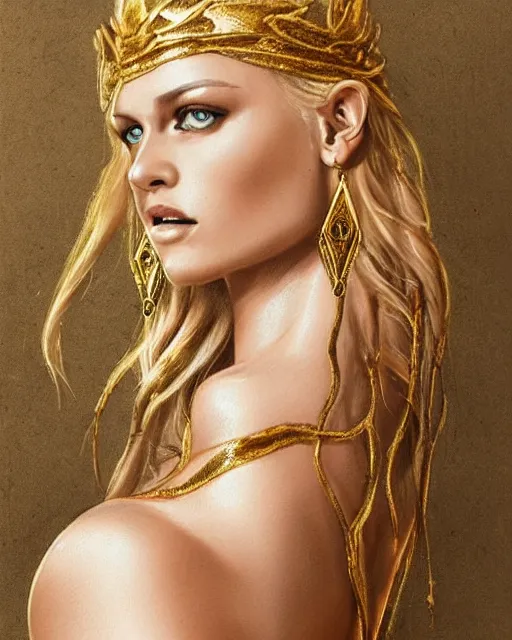 Image similar to tattoo design sketch of hot blonde super model as aphrodite greek goddess wearing a gold laurel wreath and triangle earrings, beautiful piercing gaze with sharp pupils, in the style of greg rutkowski, fantasy, amazing detail, epic, elegant, smooth, sharp focus, front view