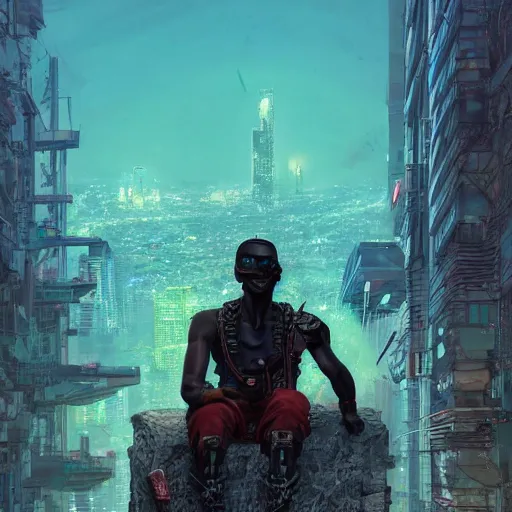 Image similar to a cyberpunk zulu warrior sitting on a cliff watching an enormous metropolitan city burn from a distance at night, by alena aenami and android jones and greg rutkowski, Trending on artstation, hyperrealism, elegant, stylized, highly detailed digital art, 8k resolution, hd, global illumination, radiant light, detailed and intricate cyberpunk ghetto environment, rendered in octane, post processed, wide angle, dynamic portrait