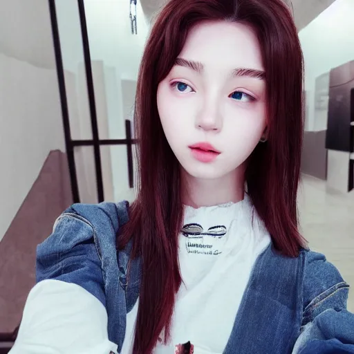 Image similar to korean e - girl, 2 0 2 2, casual fashion, ulzzang, mirror selfie, pinterest, trending on instagram, unreal engine, a picture by lu ji, trending on cg society, aestheticism, pretty, lovely, elegant