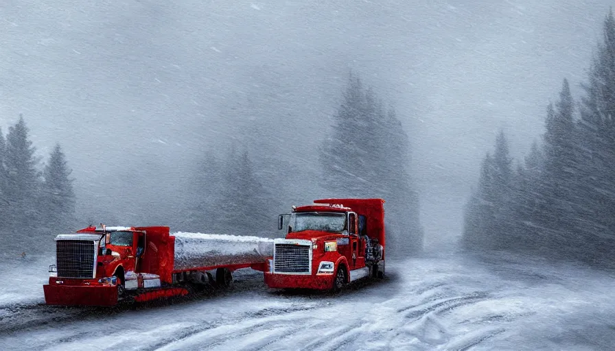 Image similar to A cozy Snowplow! clearing a beautiful snowy landscape. A blizzard and heavy snow falls. Fog and mist, highly detailed, concept art, digital art, 4k, high snow