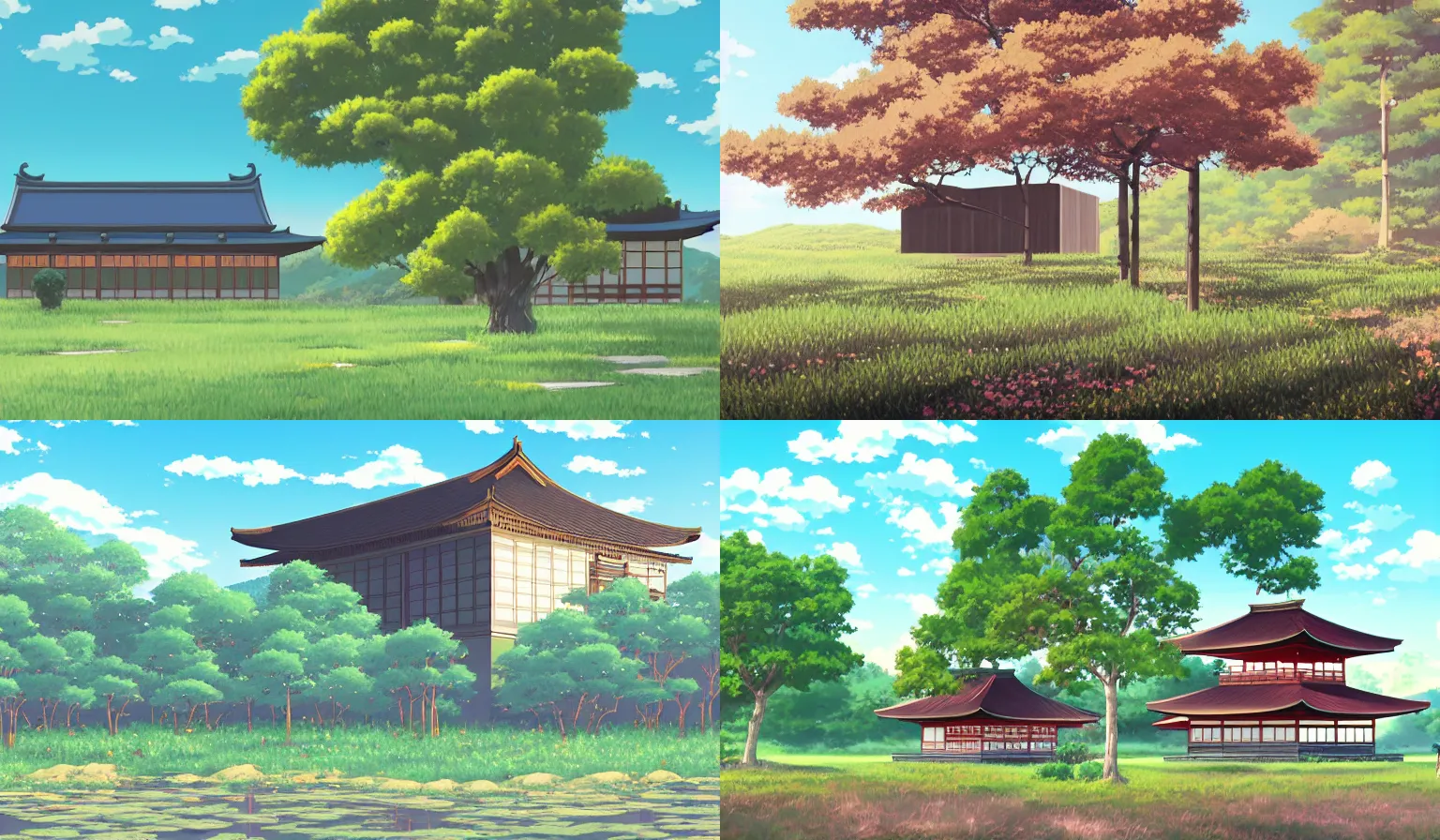 Prompt: A serene landscape with a singular building in the style of kyoto animation