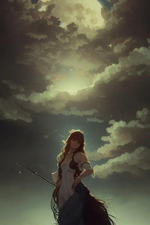 Prompt: fantasy, long hair, girl, portrait, cloud sky and moon night background, high detail, cinematic lighting, concept art, digital art, illustration, smooth, sharp focus, greg rutkowski, alphonse mucha, loish, wlop, trending on artstation, trending on deviantart