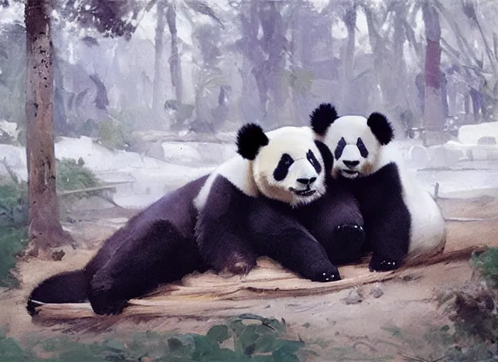 Image similar to oil painting of panda bear in zoo, art by anders zorn, wonderful masterpiece by greg rutkowski, beautiful cinematic light, american romanticism by greg manchess