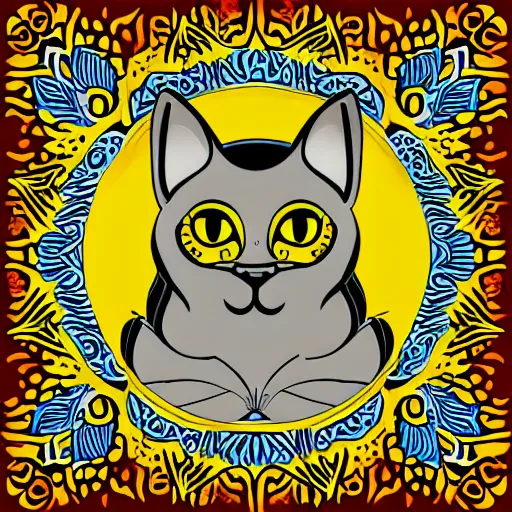 Prompt: tattoo sketch of a cat hugging the sun, on a yellow paper, uzbekistan ornament, line art, vector