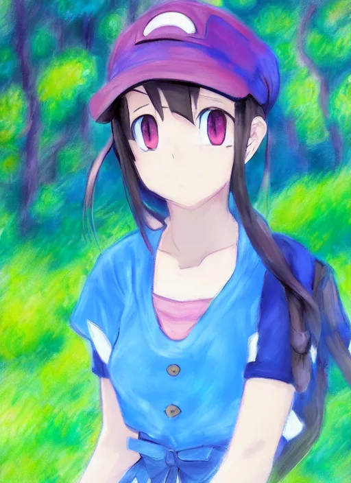 Image similar to a portrait of a female pokemon trainer, blue outfit, very anime in impressionist style, anime trending artwork, anime painter studio, by claude monet