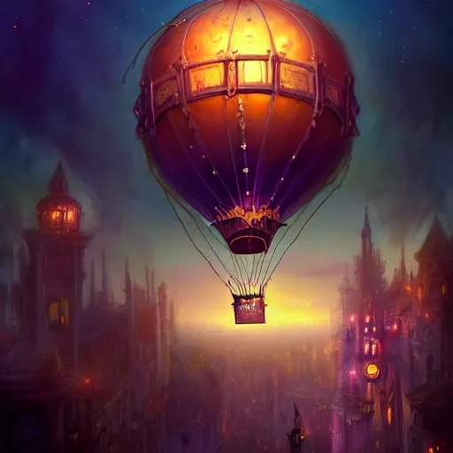 Prompt: a beautiful stunning fantasy whimsical matte digital illustration of a scene of a steampunk hot - air balloon over a lit steampunk city at night by marc simonetti, pastel color palette, disney magic the gathering steampunk!!!, chiaroscuro magical! bokeh moon stars dramatic romantic! epic breathtaking, clock tower,, trending on artstation hq, masterpiece