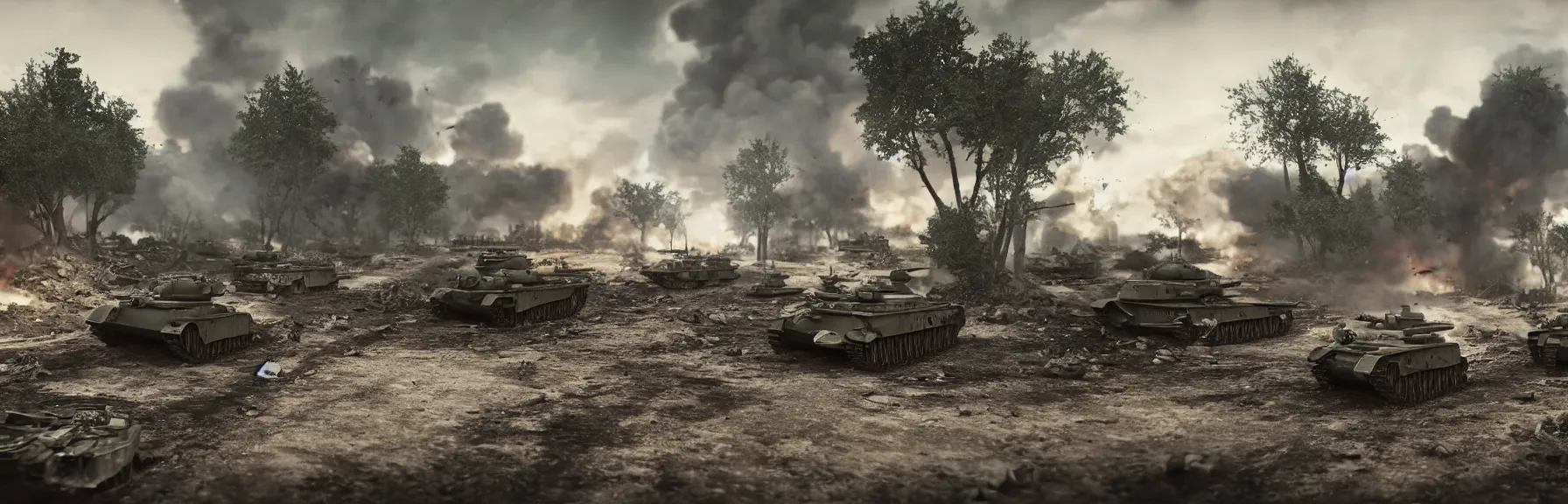 Prompt: a warzone in world war 2, eastern front, building are being bombed by luftwaffe, soldiers on foot, two tiger tanks on the road, scenic view, ultrarealistic, octane render, unreal engine 5