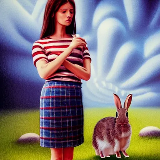 Prompt: a photorealistic detailed cinematic portrait image of a slim woman in striped tshirt and plaid skirt thinking about her dead pet rabbit. emotional, compelling, by pinterest, david a. hardy, kinkade, lisa frank, artgerm, range murata, salvador dali, wpa, public works mural, socialist