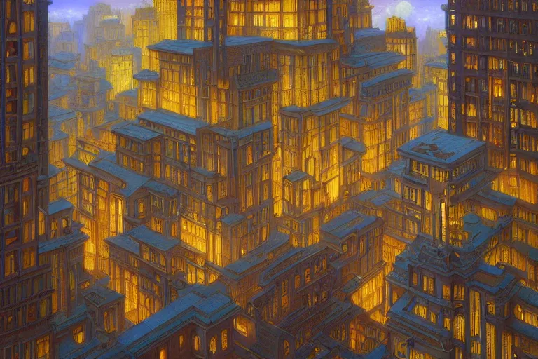 Image similar to beautiful painting of an art moderne city, glowing windows. reflective detailed textures, moth wings and flowering vines and brushed steel, highly detailed dark fantasy science fiction painting by donato giancola and peter mohrbacher and nicholas roerich and diego rivera, elaborate geometric ornament, silver and cool colors. artstation