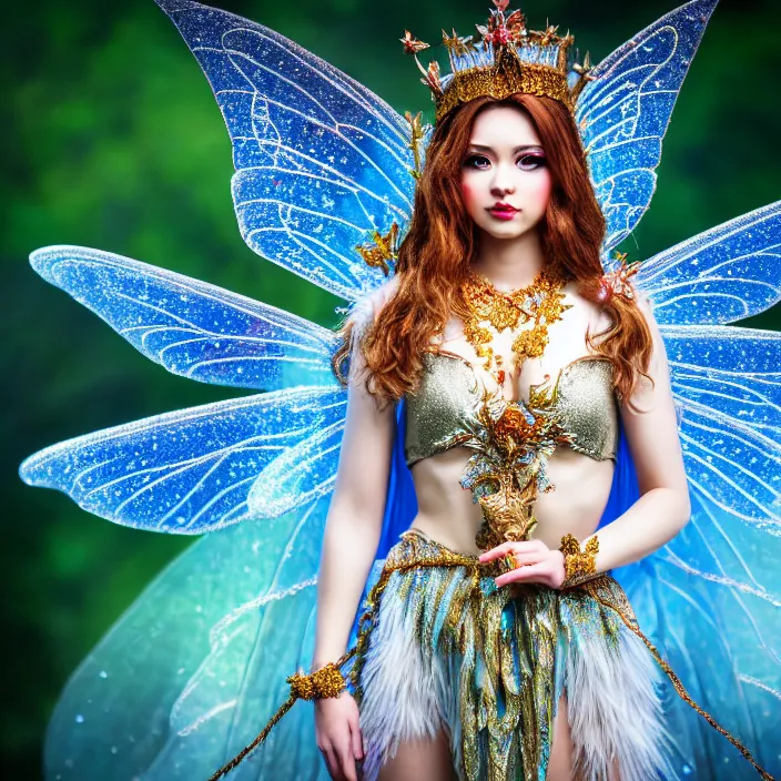 Prompt: full body photo of a very beautiful!! fairy queen with ornate sparkling robes, highly detailed, 4 k, hdr, smooth, sharp focus, high resolution, award - winning photo