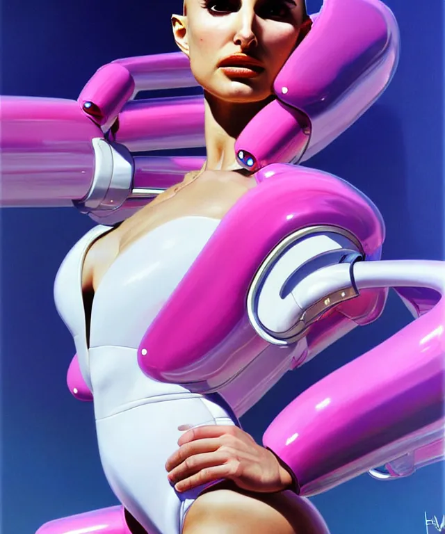 Image similar to beautiful fantasy character portrait, natalie portman, wearing oversized plastic puffy pink bomber jacket and white leotard, seductive seated pose, futuristic chrome vehicle, ultra realistic, wide angle, dramatic lighting, robots, cyberpunk artifacts, highly detailed by boris vallejo, aaron horkey, paolo eleuteri serpieri, hajime sorayama, peter mohrbacher,,