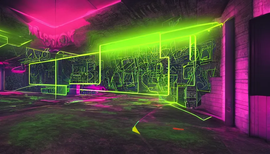 Image similar to computer circuits, android, wall of graffiti intricate volumetric octane render 3 d street art depicting dark monochrome neon fluorescent color abstract geometry in the style of wlop, mirrors edge, odeith