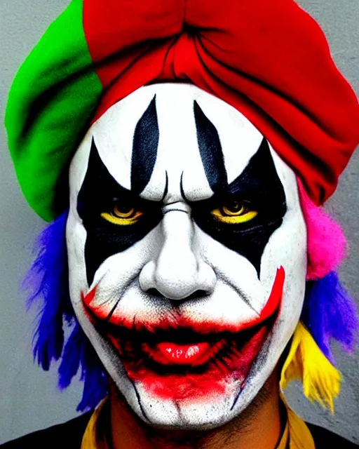 Image similar to joker paint face, clown, turban, barong family, wiwek, mara demon, rich deep vivid colors paint, paint by barong family and wiwek. masterpiece