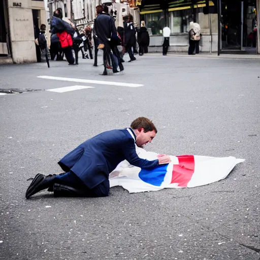 Prompt: a guy who looks like emmanuel macron urinate on a french flag in the street, 5 0 mm lens, street photography