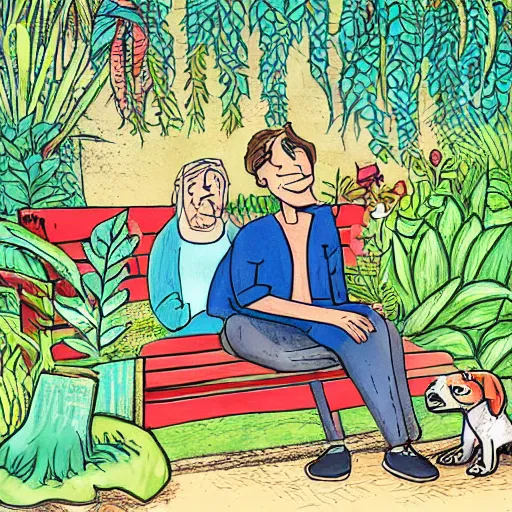 Prompt: a man and a woman sitting on a bench surrounded by plants, a dog sleeping by their feet, cartoon,