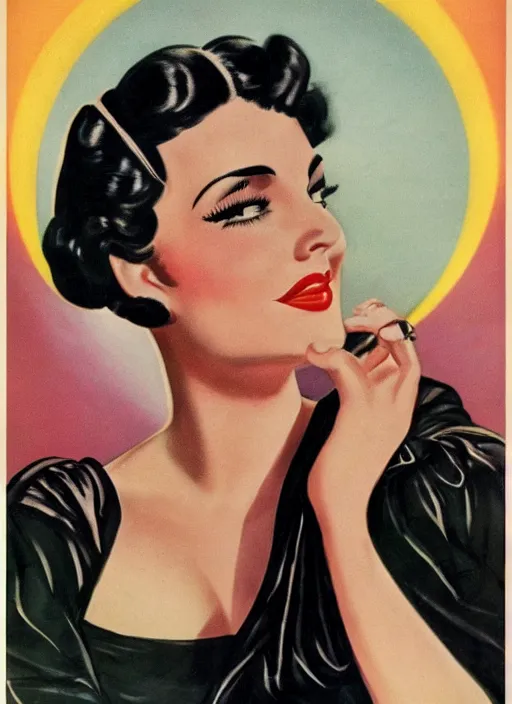 Image similar to beautiful and glamorous arab black-haired woman, 1940s propaganda poster, full hd,highly detailed