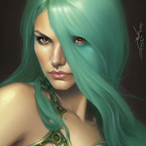 Image similar to Victoria Justice with teal hair and green eyes as Emma Frost, western, D&D, fantasy, intricate, elegant, highly detailed, digital painting, artstation, concept art, matte, sharp focus, illustration, art by Artgerm and Greg Rutkowski and Alphonse Mucha