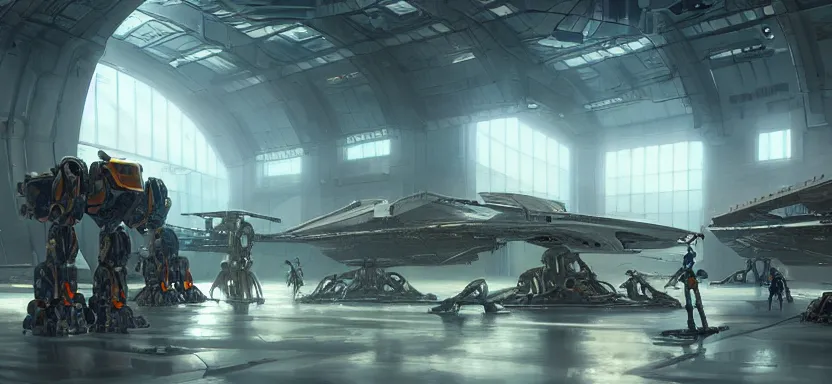 Image similar to Futuristic mecha hangar with workers and machinery, light effect, by Greg Rutkowski and Andreas Rocha on artstation, high-definition picture, Matte painting, mechanical, Unreal Engine, hard surface, 4k