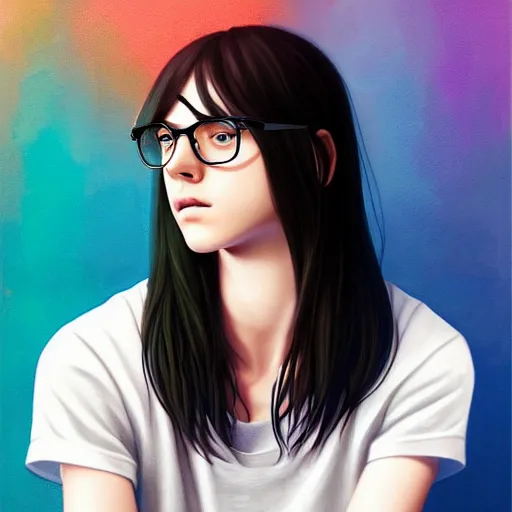 Prompt: colorful and festive captivating teenager boy with straight long black hair, wearing round glasses and a white t - shirt. innocent look. rich vivid colors, ambient lighting, dynamic lighting, 4 k, atmospheric lighting, painted, intricate, highly detailed by charlie bowater