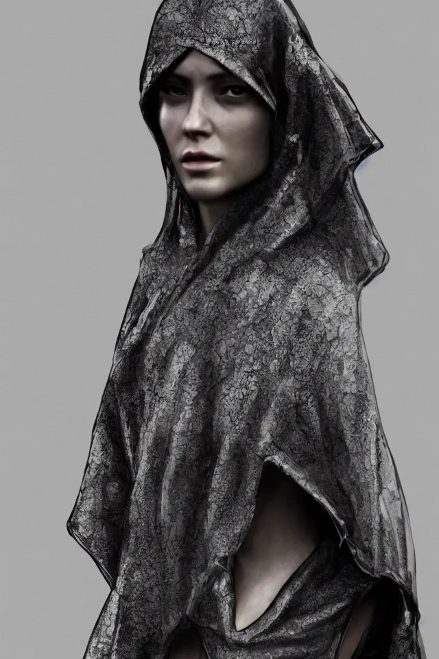 Prompt: realistic render, digital fashion, beautiful woman in tactical poncho designed by alexander mcqueen and acronym, iridiscent rim light, high key, ultra detailed, hyperdetailed, dark backdrop, trending on artstation