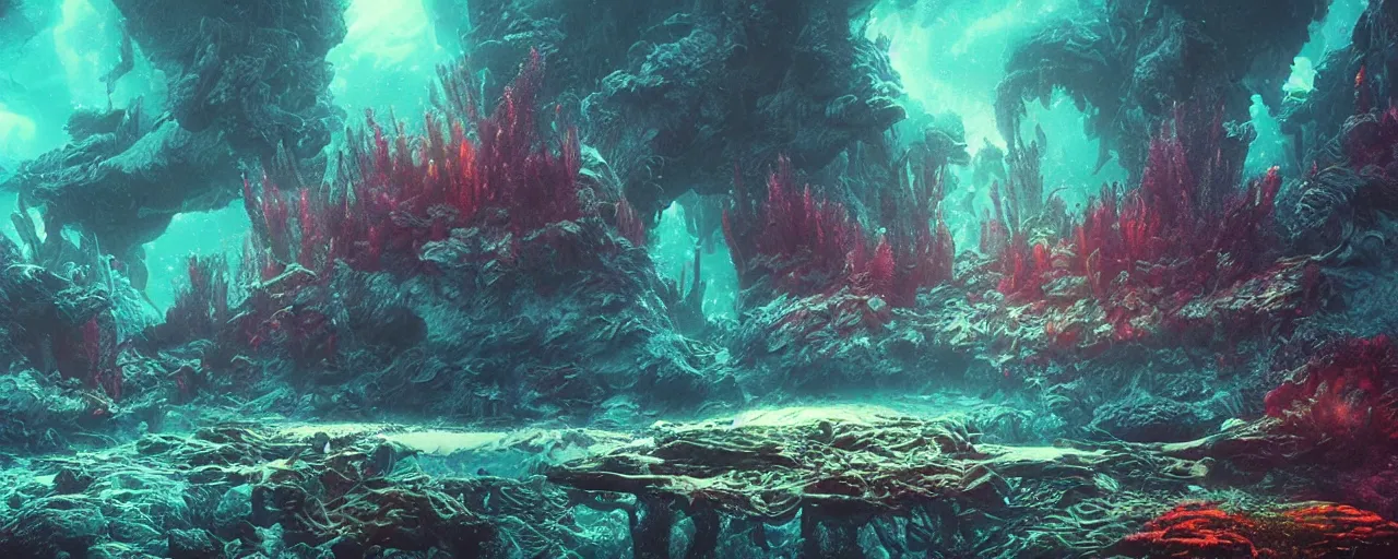 Image similar to ” underwater otherwordly landscape, [ deepsea, cinematic, detailed, epic, widescreen, opening, establishing, mattepainting, photorealistic, realistic textures, octane render, art by slop and paul lehr ] ”