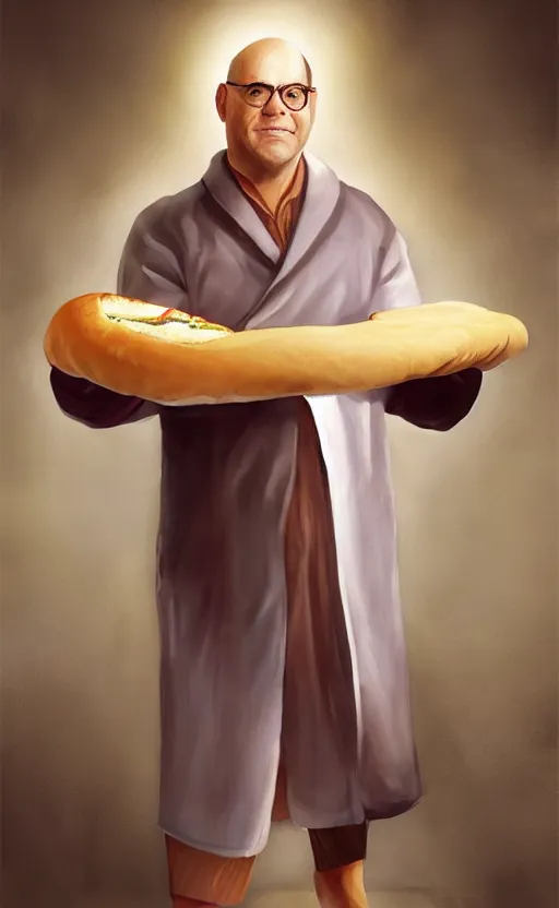 Image similar to george costanza holding a hoagie. he's wearing a flowing bathrobe made of light, airy fabric and he has a mischievous look on his face, dynamic lighting, photorealistic fantasy concept art, trending on art station, stunning visuals, creative, cinematic, ultra detailed