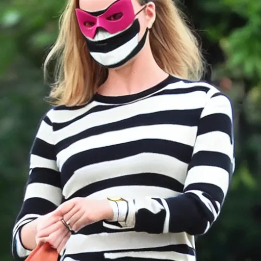 Image similar to margo robbie in a striped shirt and a robber mask