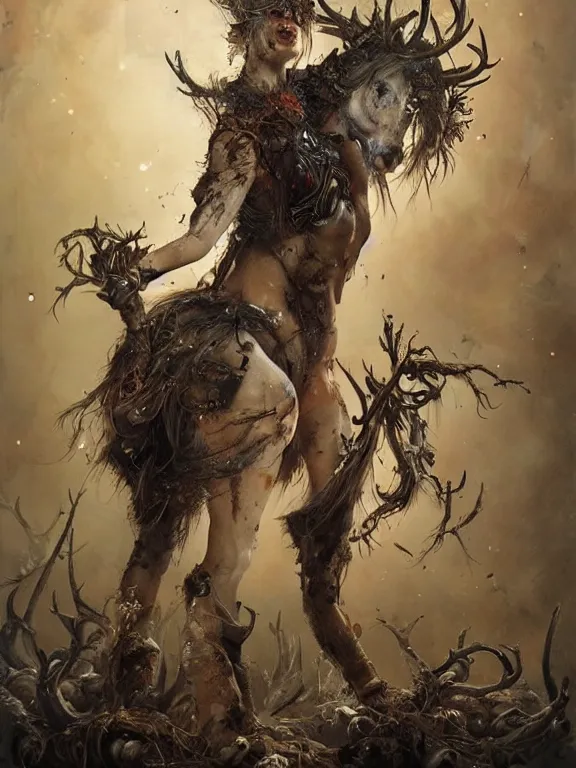 Image similar to a splatterpunk portrait of a gorgeous centaur with ebony antlers and sepia-toned fur, hyperrealistic, award-winning, in the style of Tom Bagshaw, Cedric Peyravernay, Peter Mohrbacher