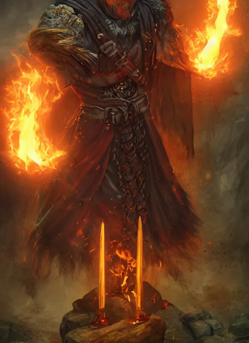 Image similar to A fantasy comic book style portrait painting of a brutal muscular male cleric druid spell casting flames in a atmospheric dark fortress, unreal 5, magician, DAZ, hyperrealistic, octane render, RPG portrait, ambient light, dynamic lighting