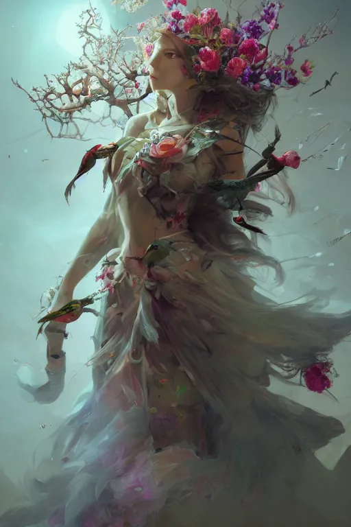 Image similar to beautiful girl necromancer, witch - doctor exploding into flowers, angels, 3 d render, hyper - realistic detailed portrait, holding electricity and birds, ruan jia, wlop. scifi, fantasy, hyper detailed, octane render, concept art, peter mohrbacher