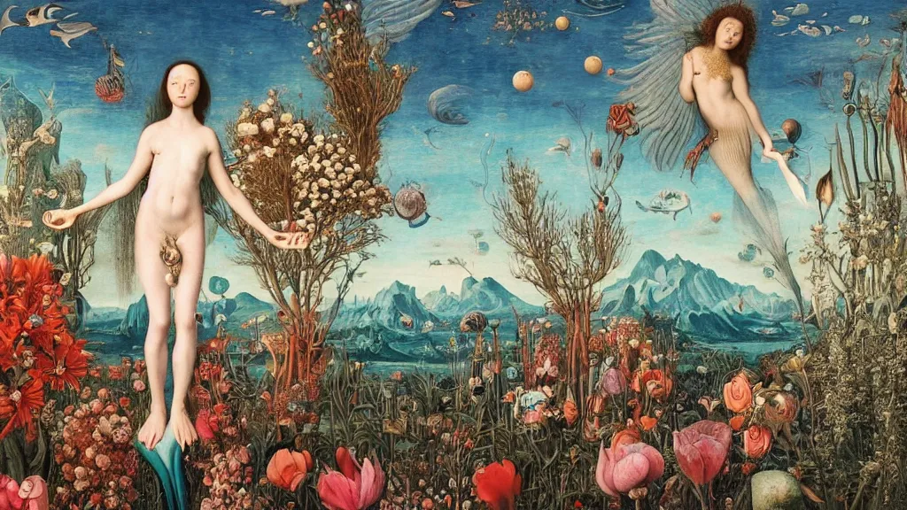 Prompt: a fish eye lense photograph of a meditating harpy mermaid surrounded by towering bulbous flowers. wide landscape with mountains, river delta. clear blue sky with stars. painted by jan van eyck, max ernst, ernst haeckel and ernst fuchs. trending on artstation, 8 k, award winning, fashion editorial, mythology, photorealistic